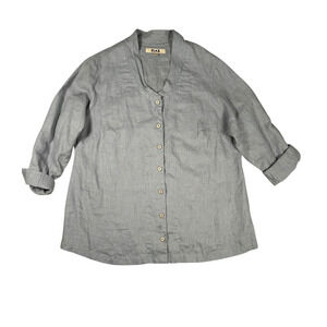 Flax Womens Sz M Button Front Long Sleeve Blouse 100% Linen V-Neck Blue Grey